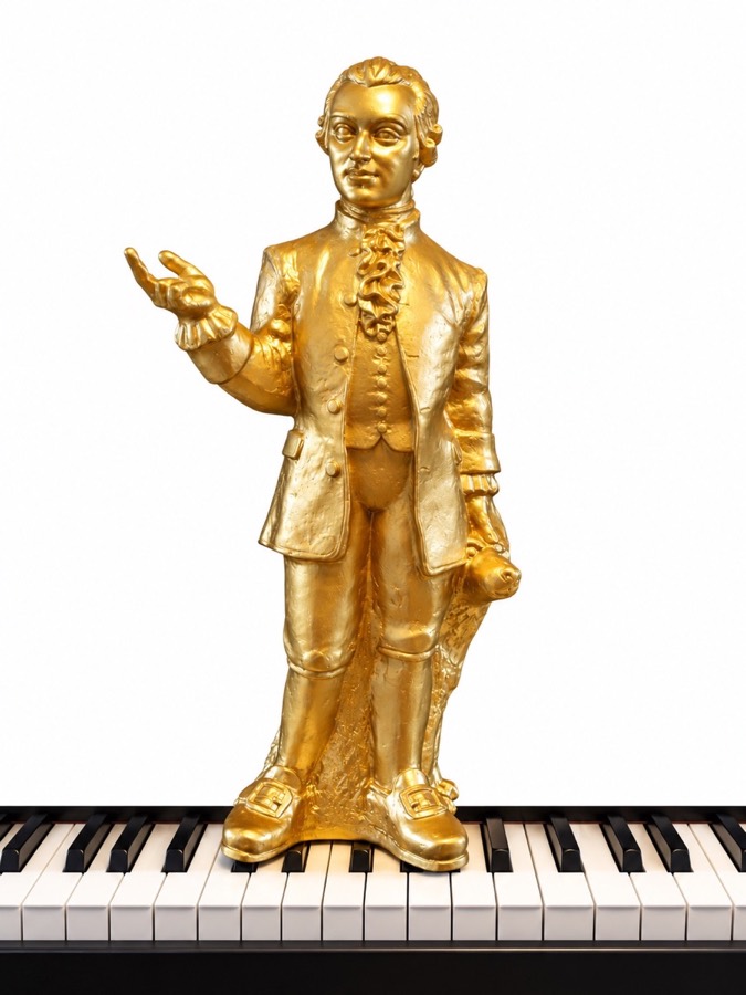Goldene Mozartfigur auf einer Klaviertastatur